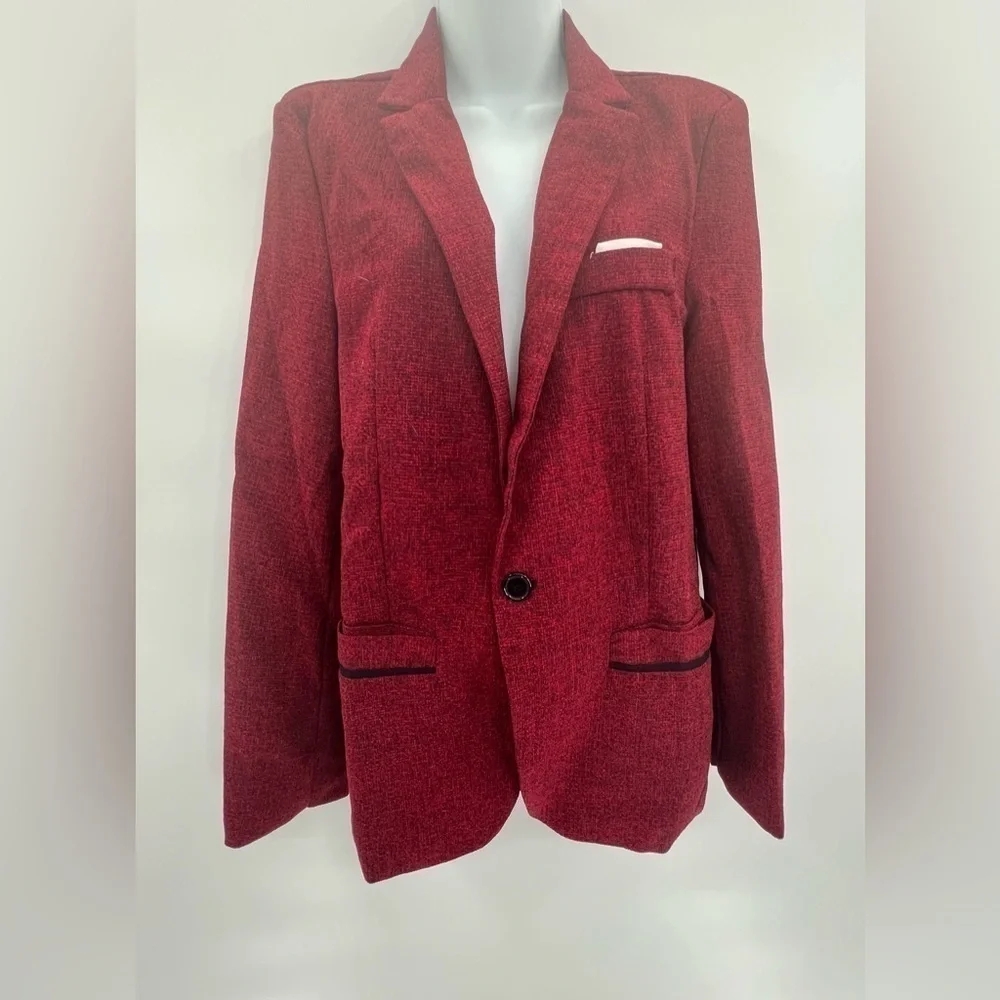 Women's Tweed Herringbone Blazer Jacket - Wine Red Classic Vintage, Size L
